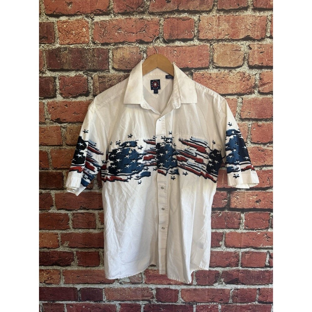 Panhandle Slim Mens White Short Sleeve Pearl Snap American Flag Size Large VTG